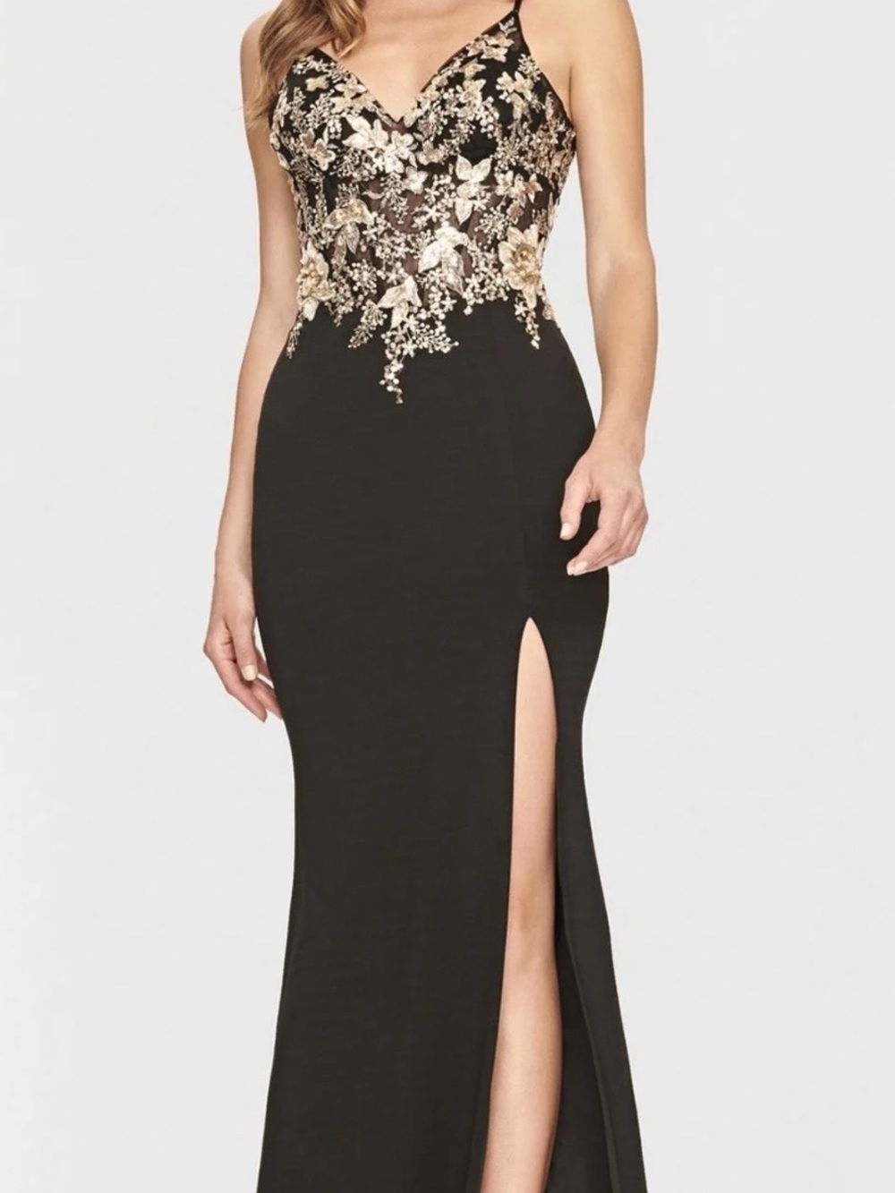 Faviana Black Evening Gown with Gold Embellished Bodice